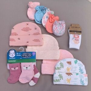 NWOT Baby Girl Bundle - Newborn Hats, Socks, No-Scratch Mittens